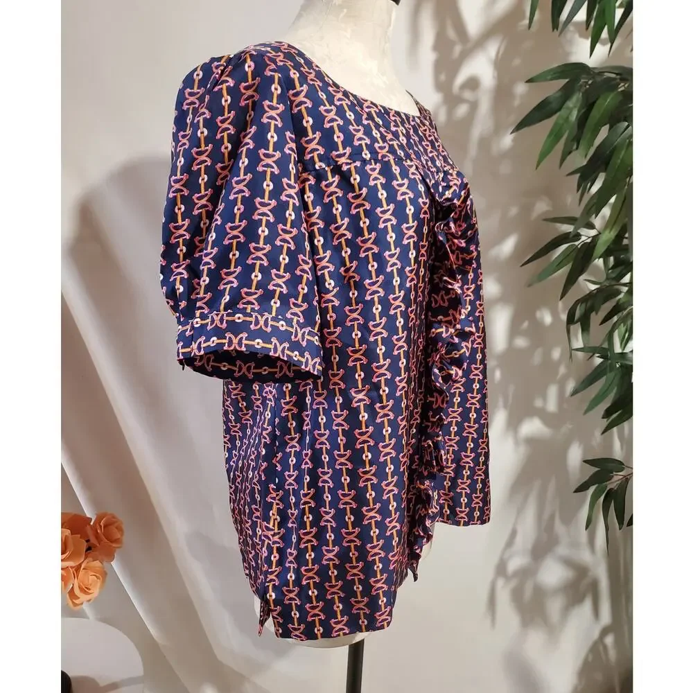 Lilly Pulitzer Lil Bit Equestrian Print Silk Ruffle Blouse Sz 14 Blue Pink Horse